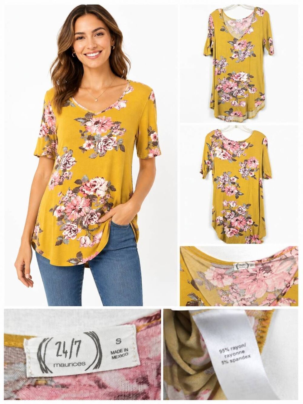 Maurices 24/7 Floral Top Mustard Pink S